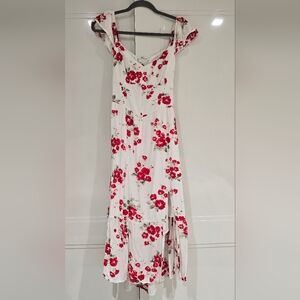 Floral White and Red Dress HOLLISTER size M. LaceUp Open Back, Cap Sleeve, Flowy